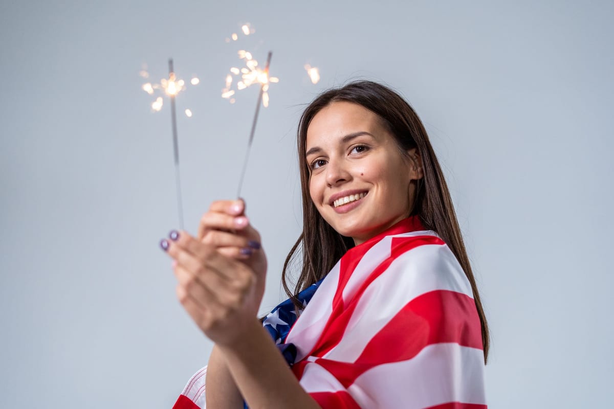 Fourth of July fireworks over an American flag celebration