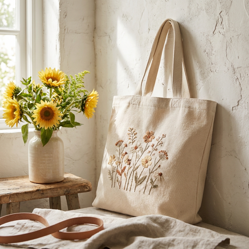 Floral Embroidered Tote Bag Canvas Natural