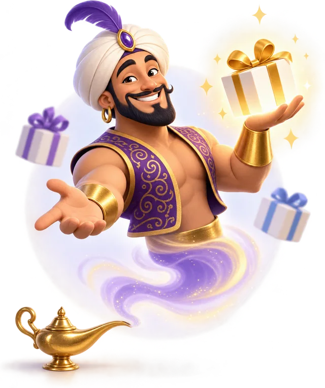 The Gift Genie rising from his lamp, offering wrapped gifts